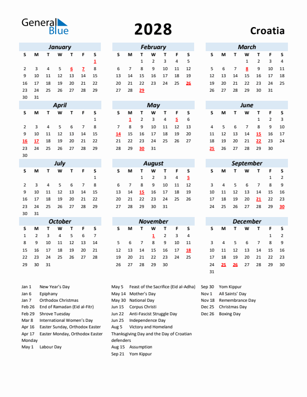 2028 Calendar for Croatia with Holidays