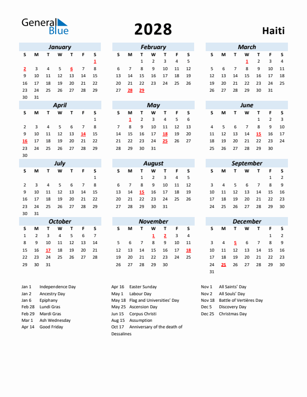 2028 Calendar for Haiti with Holidays