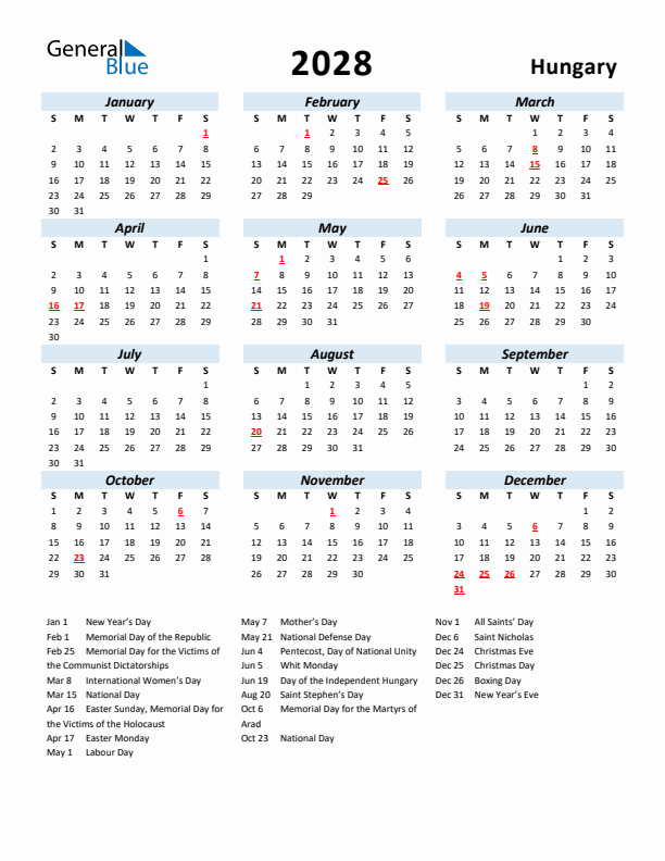 2028 Calendar for Hungary with Holidays