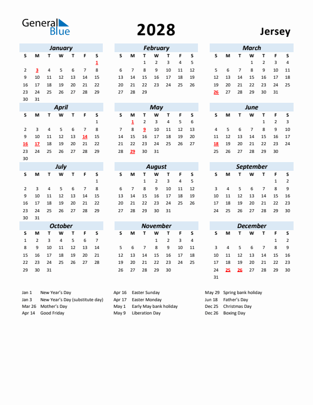 2028 Calendar for Jersey with Holidays