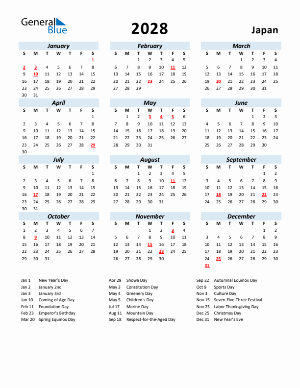 2028 Calendar for Japan with Holidays