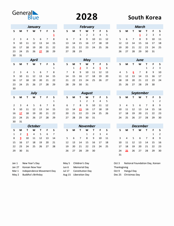 2028 Calendar for South Korea with Holidays