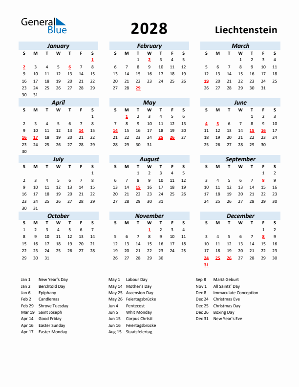 2028 Calendar for Liechtenstein with Holidays