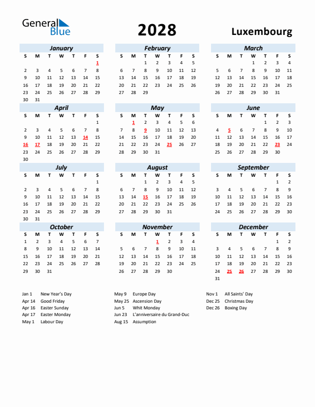 2028 Calendar for Luxembourg with Holidays