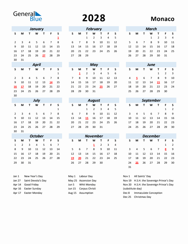 2028 Calendar for Monaco with Holidays
