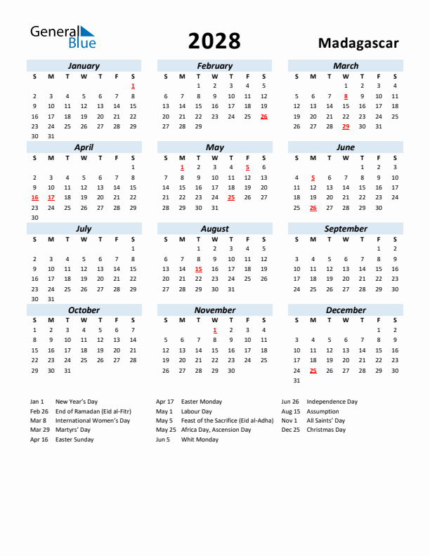 2028 Calendar for Madagascar with Holidays