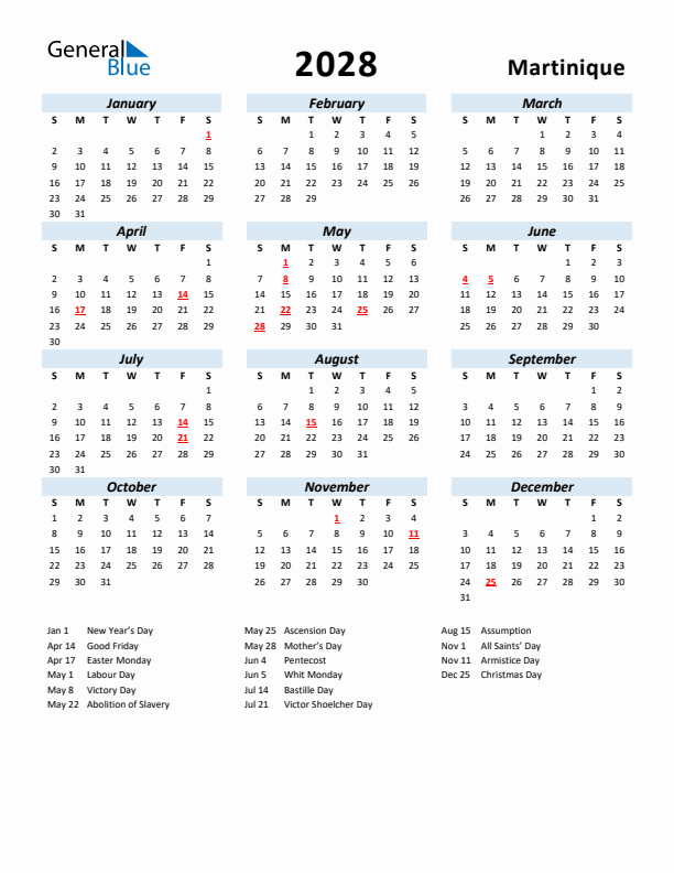2028 Calendar for Martinique with Holidays