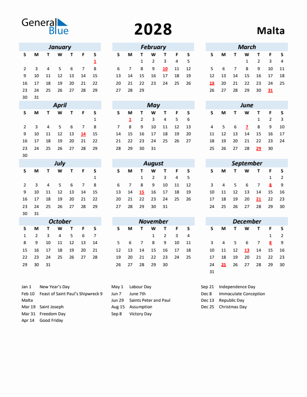 2028 Calendar for Malta with Holidays
