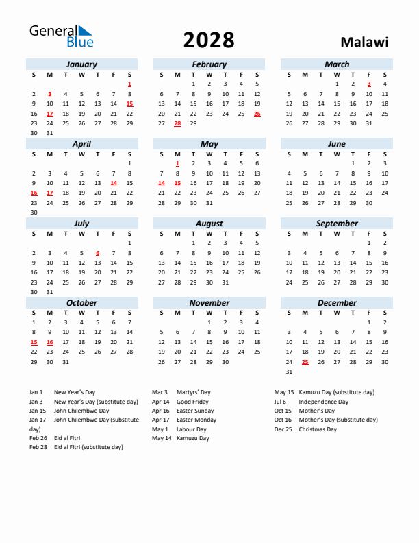 2028 Calendar for Malawi with Holidays