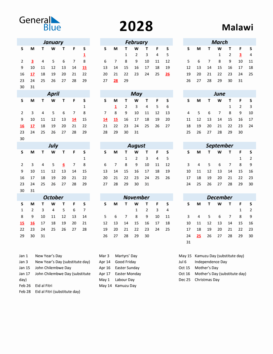 2028 Yearly Calendar For Malawi With Holidays