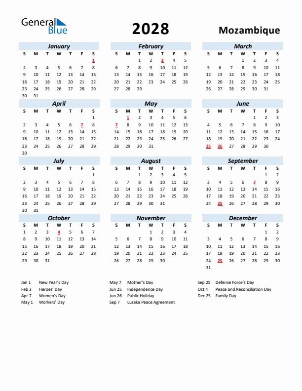 2028 Calendar for Mozambique with Holidays