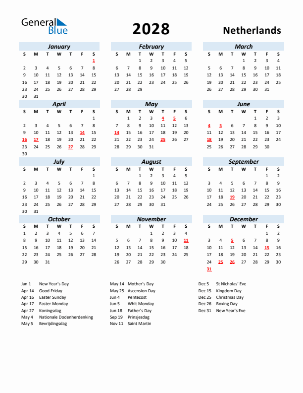 2028 Calendar for The Netherlands with Holidays
