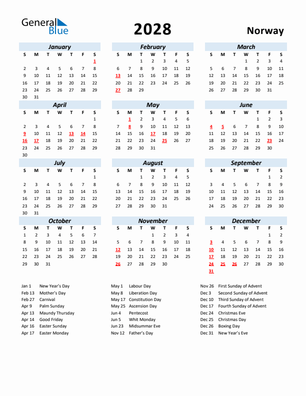 2028 Calendar for Norway with Holidays