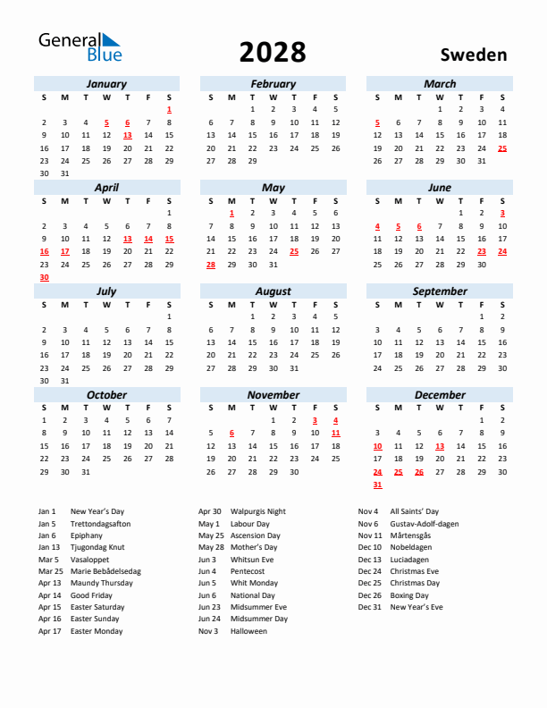 2028 Calendar for Sweden with Holidays