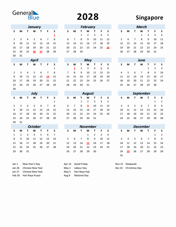 2028 Calendar for Singapore with Holidays