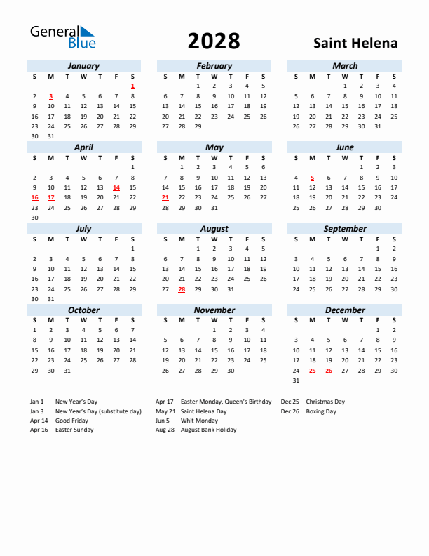 2028 Calendar for Saint Helena with Holidays