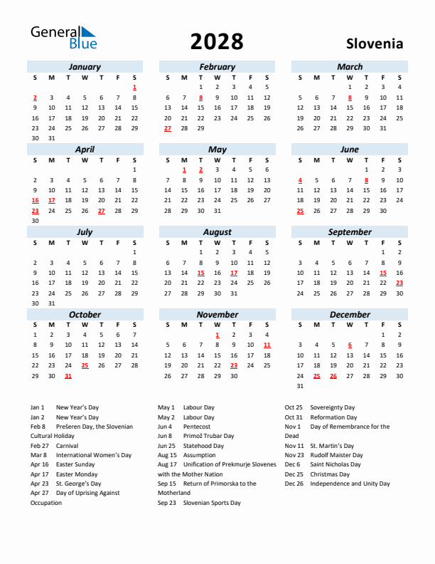 2028 Calendar for Slovenia with Holidays