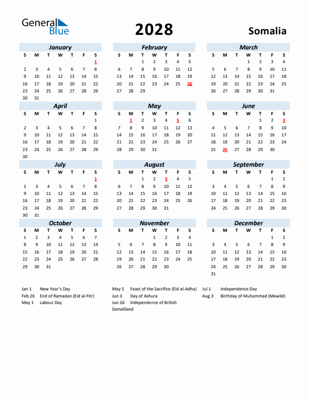 2028 Calendar for Somalia with Holidays