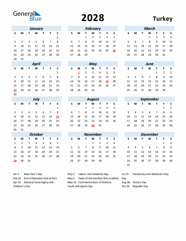 2028 Calendar for Turkey with Holidays