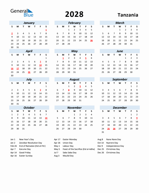 2028 Calendar for Tanzania with Holidays