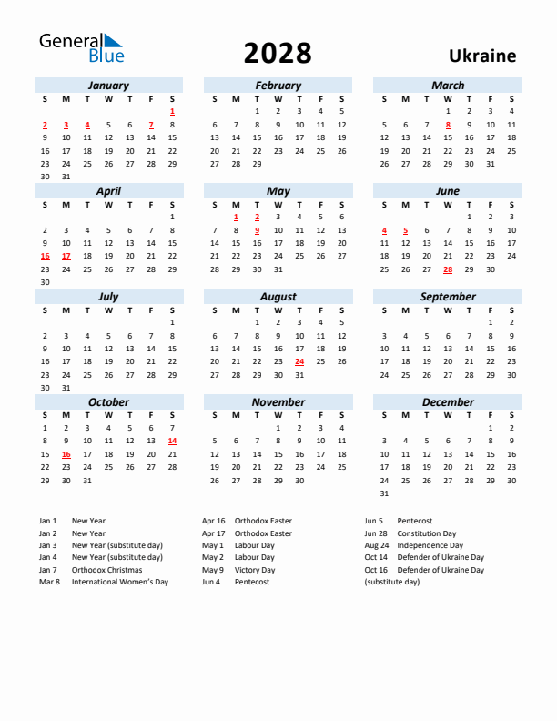 2028 Calendar for Ukraine with Holidays