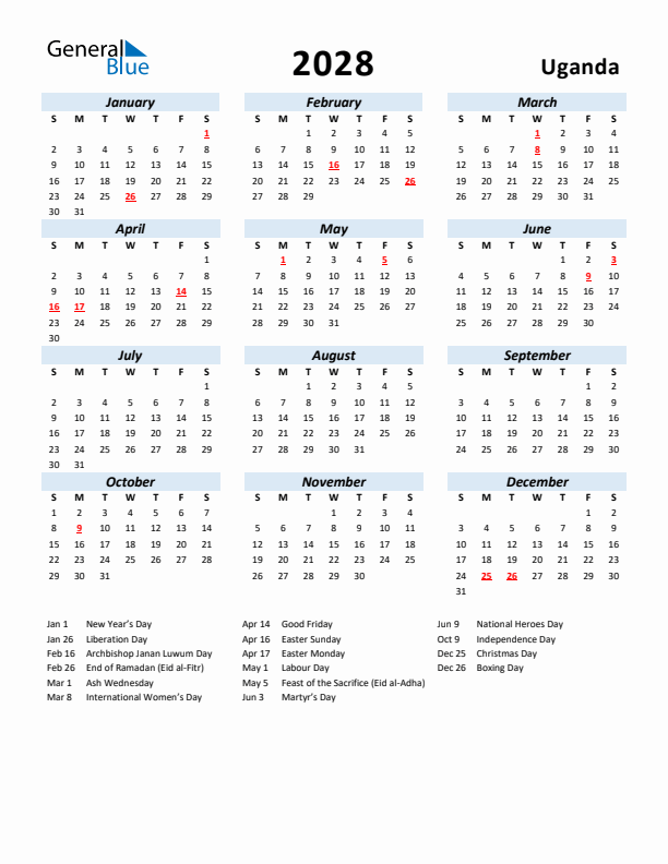2028 Calendar for Uganda with Holidays