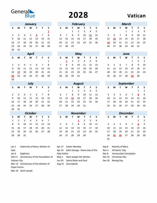 2028 Calendar for Vatican with Holidays