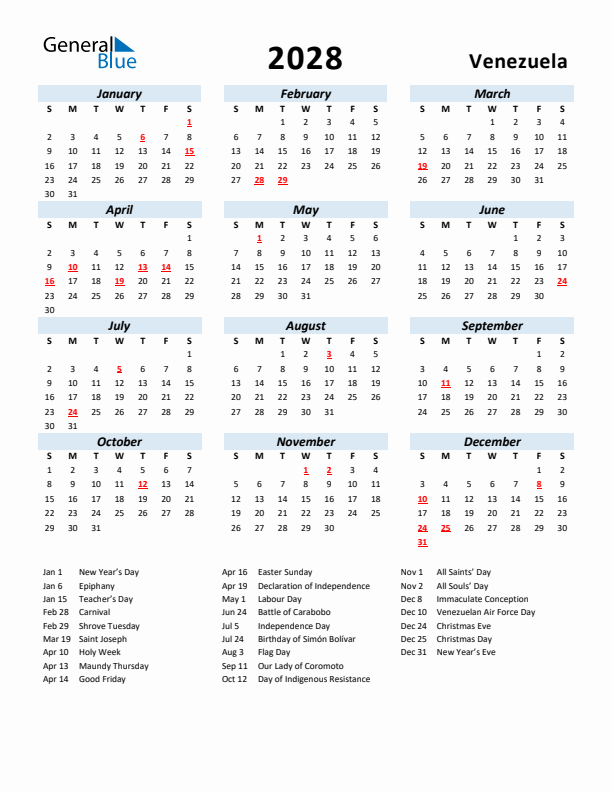 2028 Calendar for Venezuela with Holidays