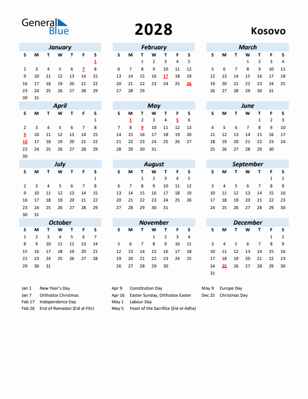 2028 Calendar for Kosovo with Holidays