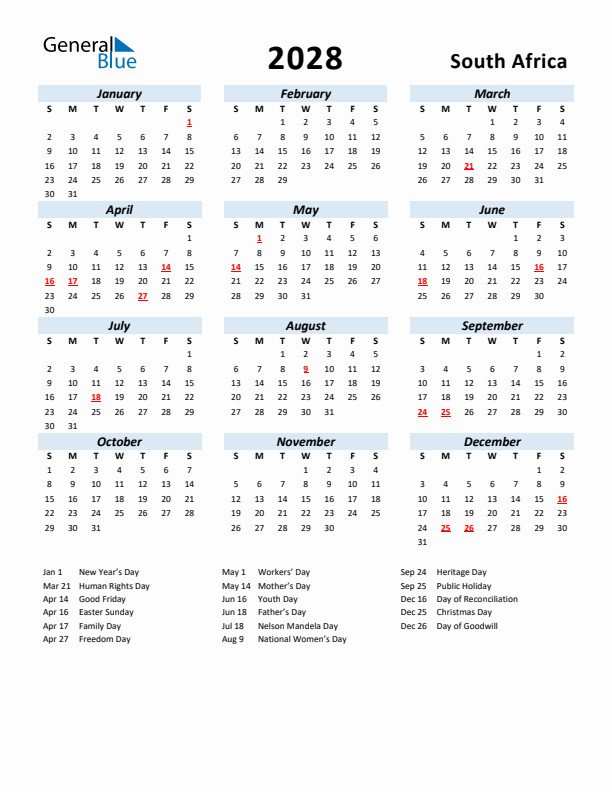 2028 Calendar for South Africa with Holidays