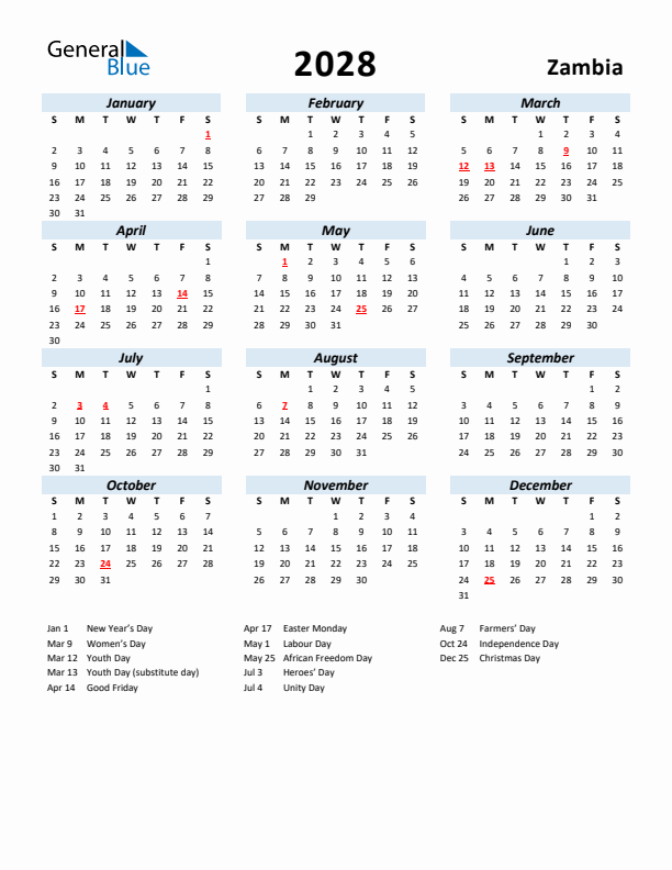 2028 Calendar for Zambia with Holidays