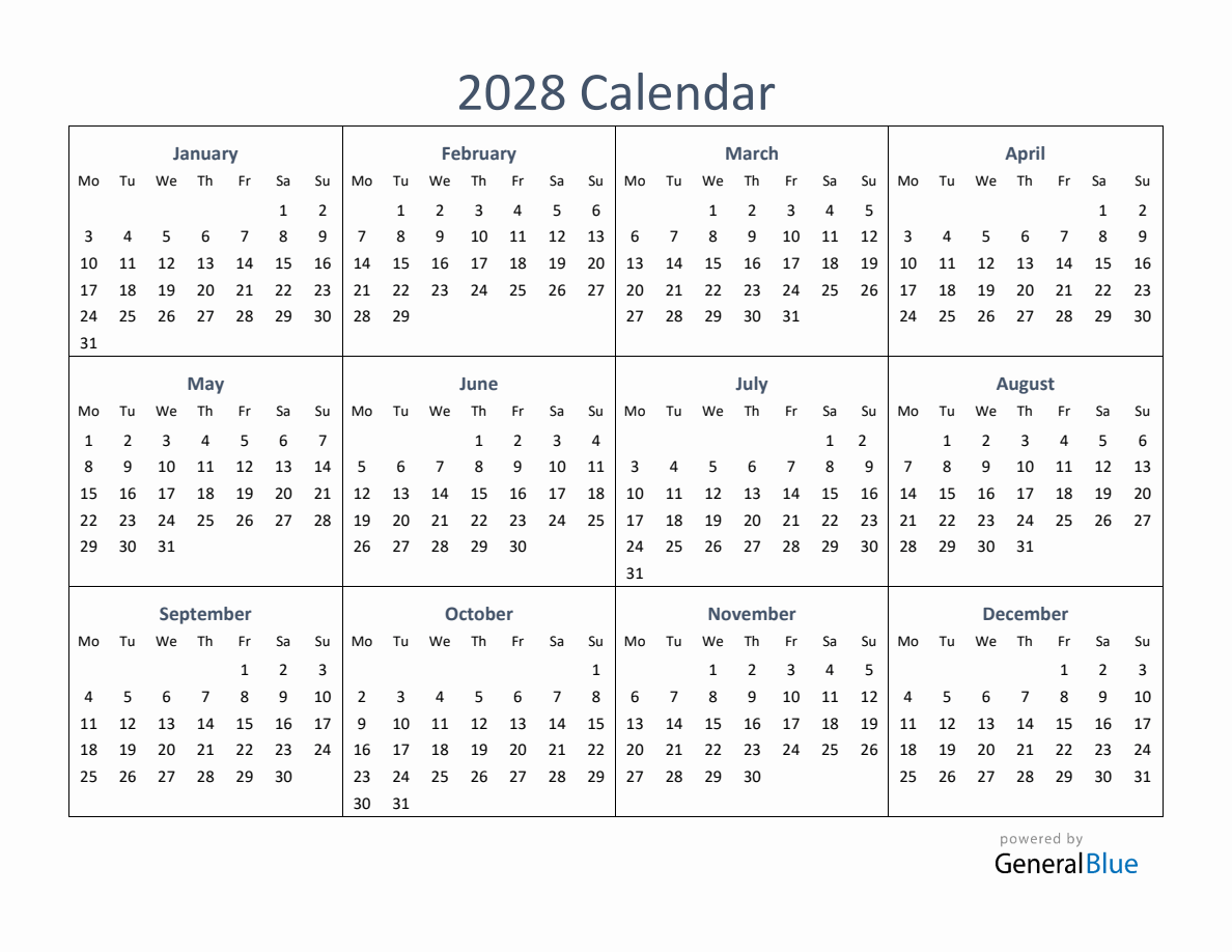 One-Page Yearly Calendar 2028 (PDF Excel Word)