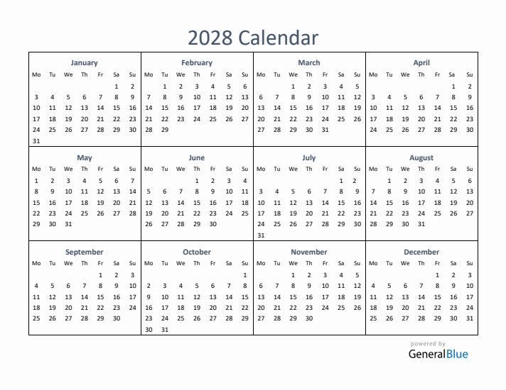 One-Page Yearly Calendar 2028 in PDF, Excel, Word