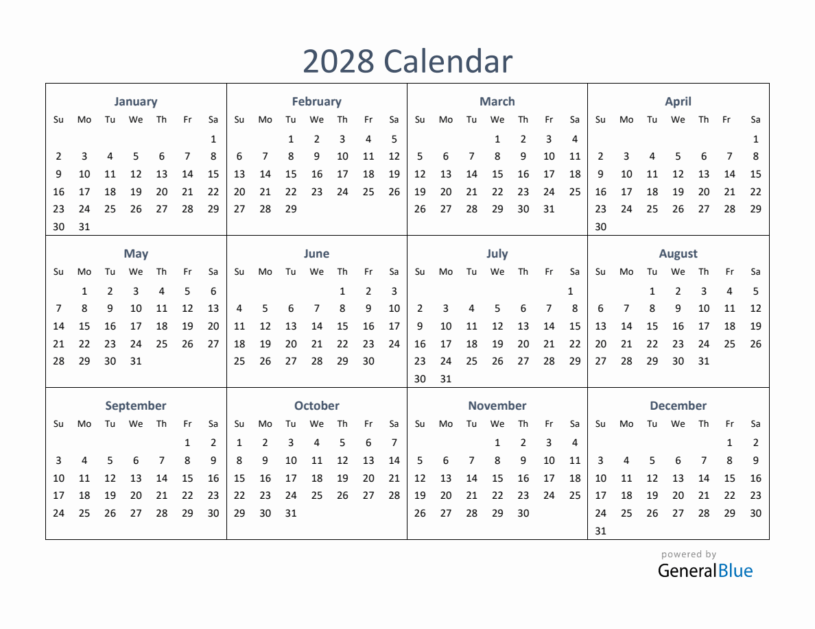 One-Page Yearly Calendar 2028 (PDF Excel Word)