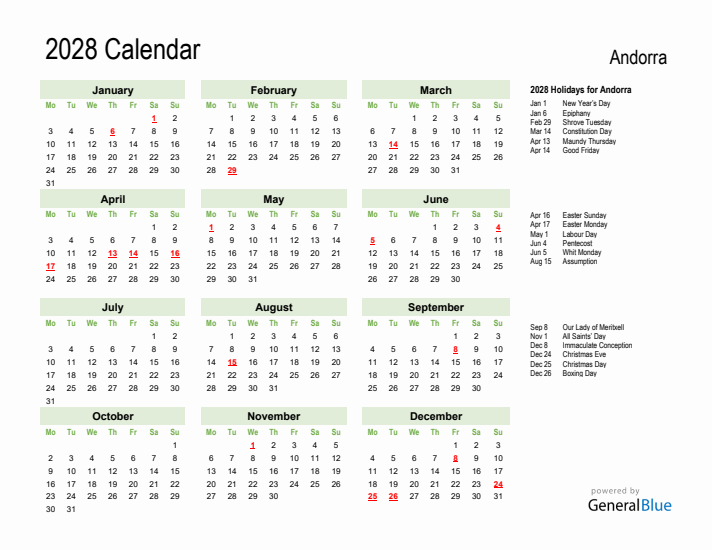 Holiday Calendar 2028 for Andorra (Monday Start)