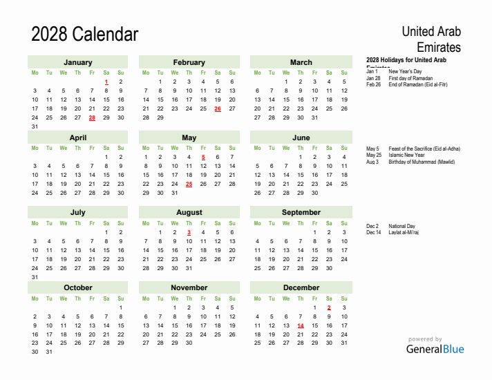Holiday Calendar 2028 for United Arab Emirates (Monday Start)
