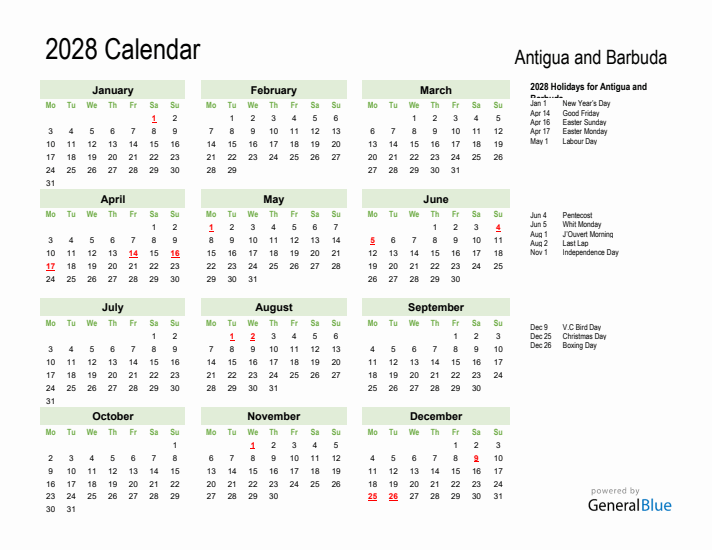 Holiday Calendar 2028 for Antigua and Barbuda (Monday Start)