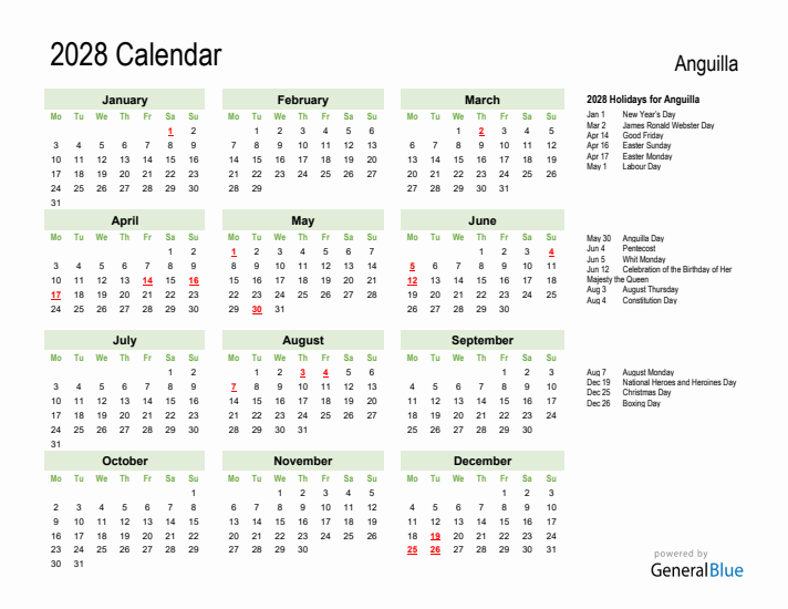 Holiday Calendar 2028 for Anguilla (Monday Start)
