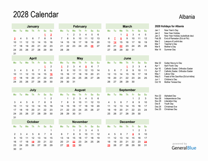Holiday Calendar 2028 for Albania (Monday Start)
