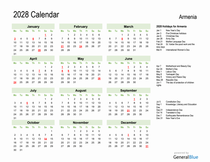 Holiday Calendar 2028 for Armenia (Monday Start)