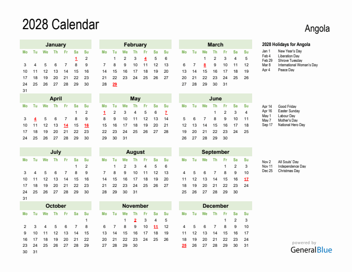 Holiday Calendar 2028 for Angola (Monday Start)
