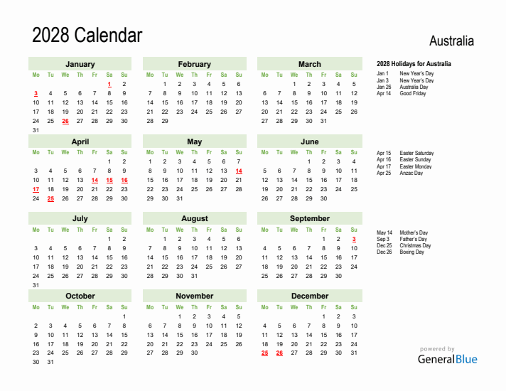 Holiday Calendar 2028 for Australia (Monday Start)