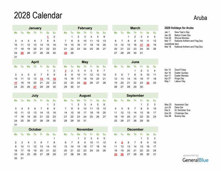 Holiday Calendar 2028 for Aruba (Monday Start)