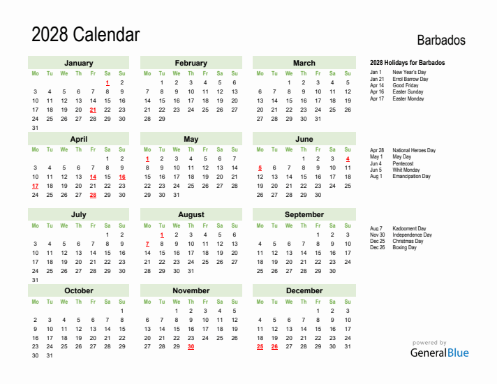 Holiday Calendar 2028 for Barbados (Monday Start)