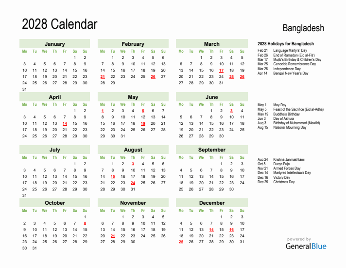 Holiday Calendar 2028 for Bangladesh (Monday Start)