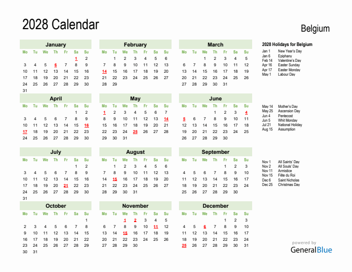 Holiday Calendar 2028 for Belgium (Monday Start)