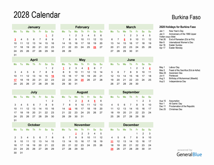 Holiday Calendar 2028 for Burkina Faso (Monday Start)