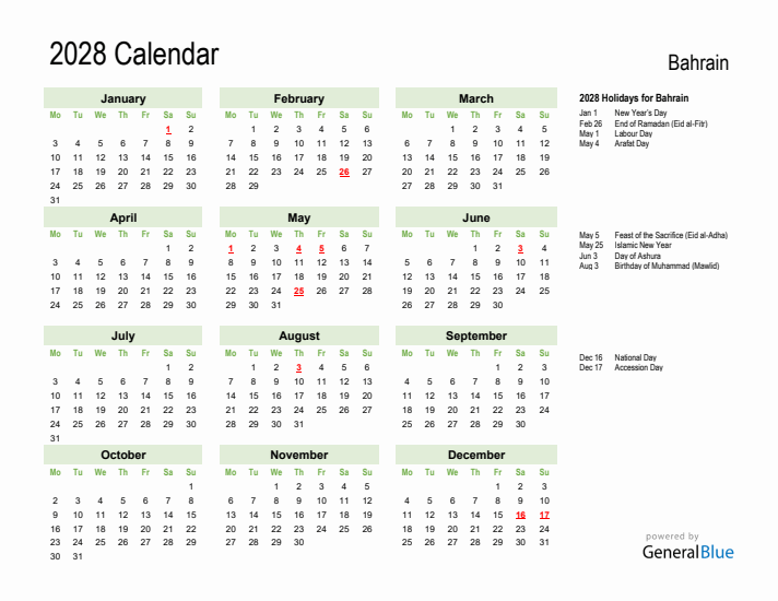 Holiday Calendar 2028 for Bahrain (Monday Start)