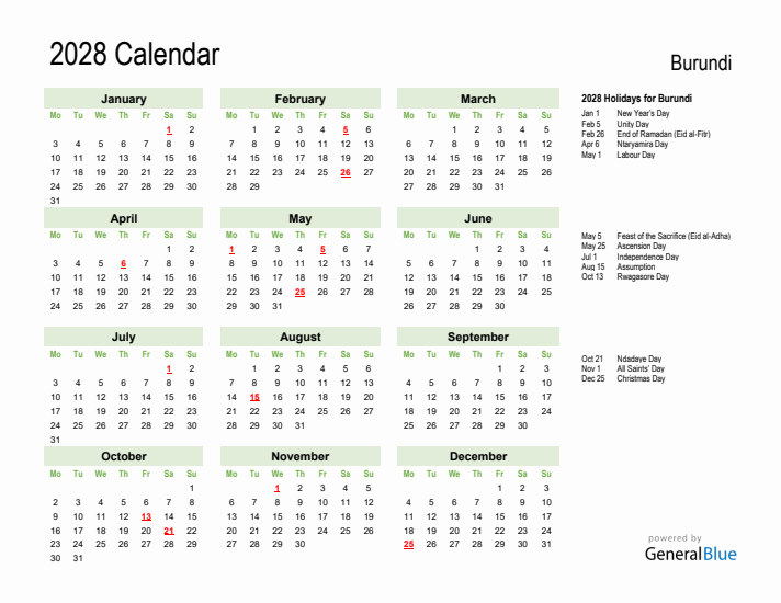 Holiday Calendar 2028 for Burundi (Monday Start)