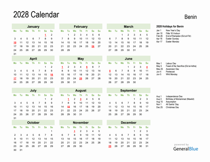 Holiday Calendar 2028 for Benin (Monday Start)